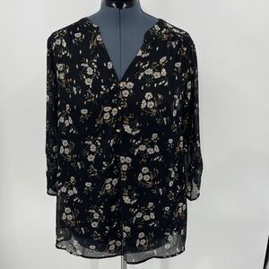 SARA MICHELLE WOMENS SIZE L Floral Black Blouse LINED V- NECK